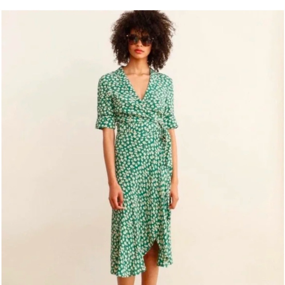 Ganni Dalton Floral Crepe Wrap Dress Size 34 Green NWOT